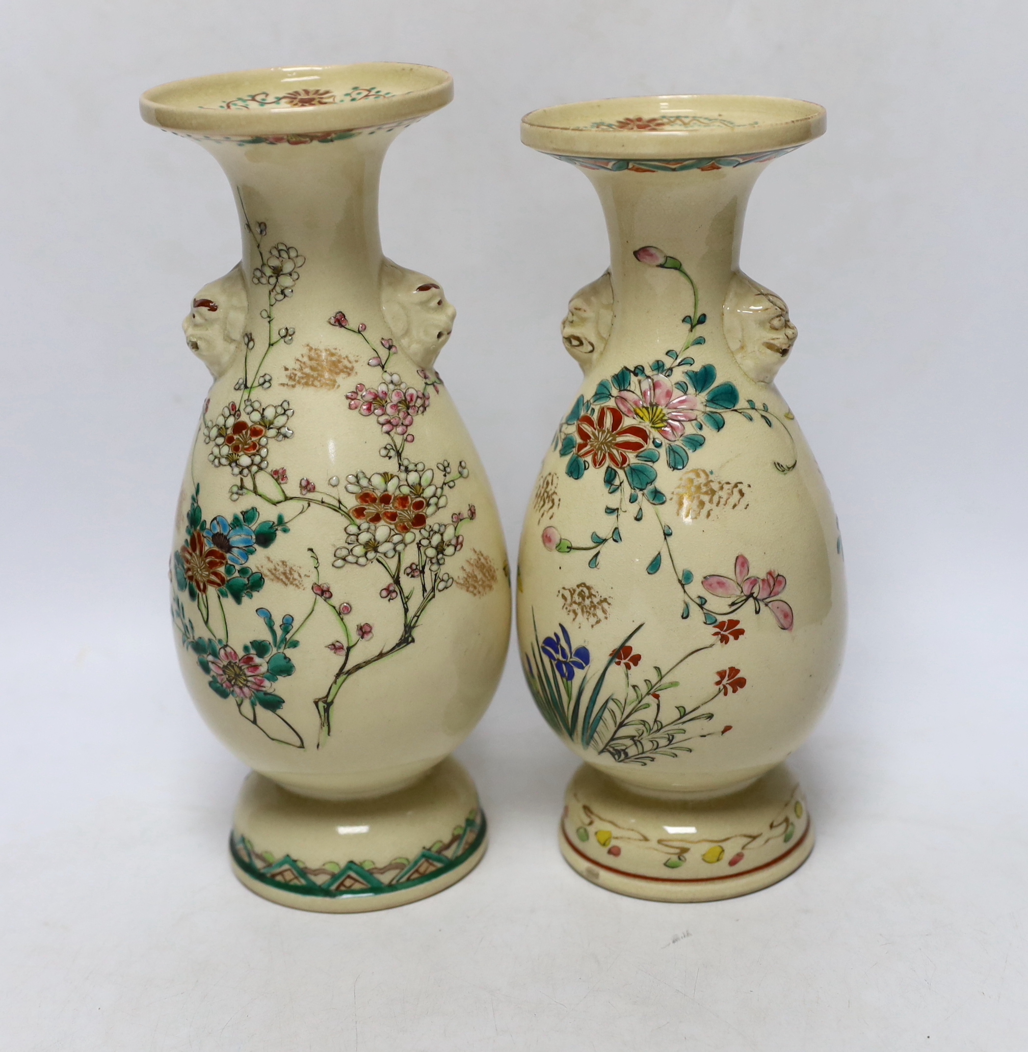Two Meiji Satsuma floral baluster vases, 23cm high